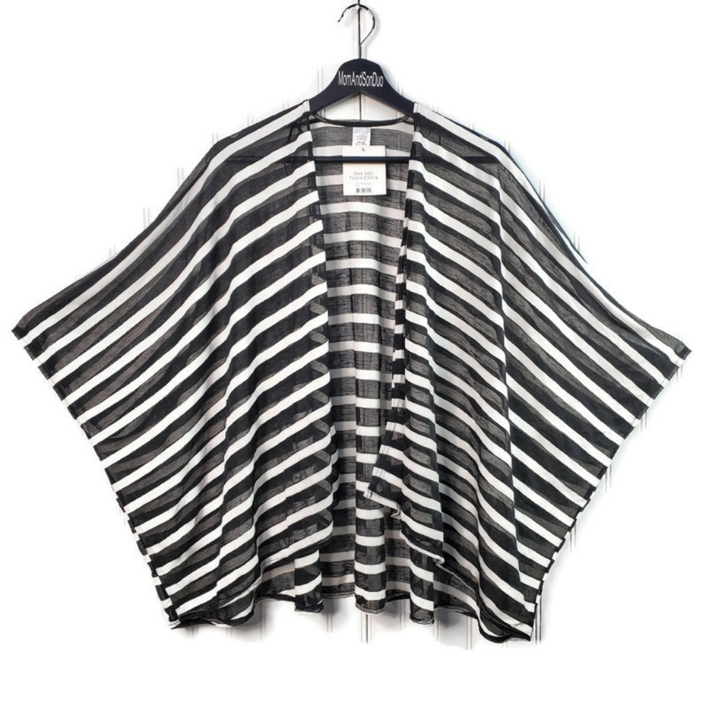 Faded Glory Black White Stripe Batwing Kimono Wrap